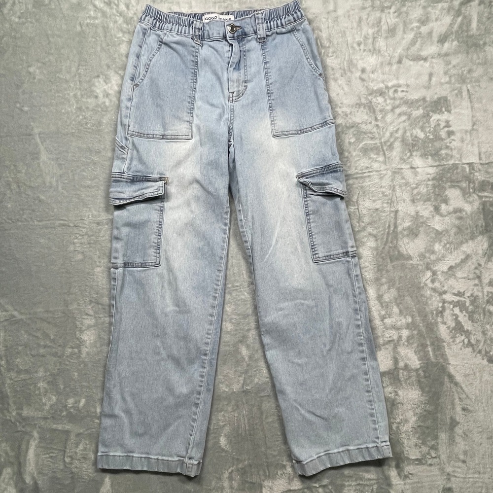 Gogo Jeans Cargo Skater Womens 7/28 Light Blue Wide Leg Elastic Back Utility